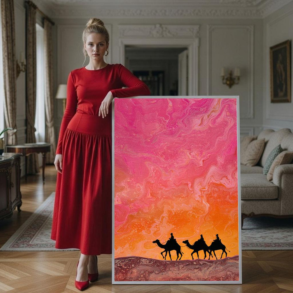Desert Sunset Camel Silhouette Canvas Print, Vibrant Wall Art
