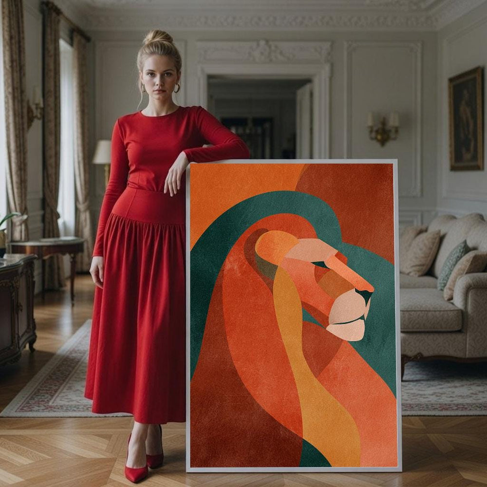 Abstract Lion Canvas Print: Bold Red & Green Modern Art
