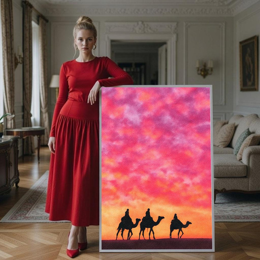 Camel Caravan Sunset Canvas Print: Vivid Pink Orange Wall Art