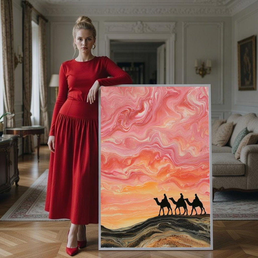 Desert Caravan Canvas Print: Sunset Silhouette, Modern Living Room Art