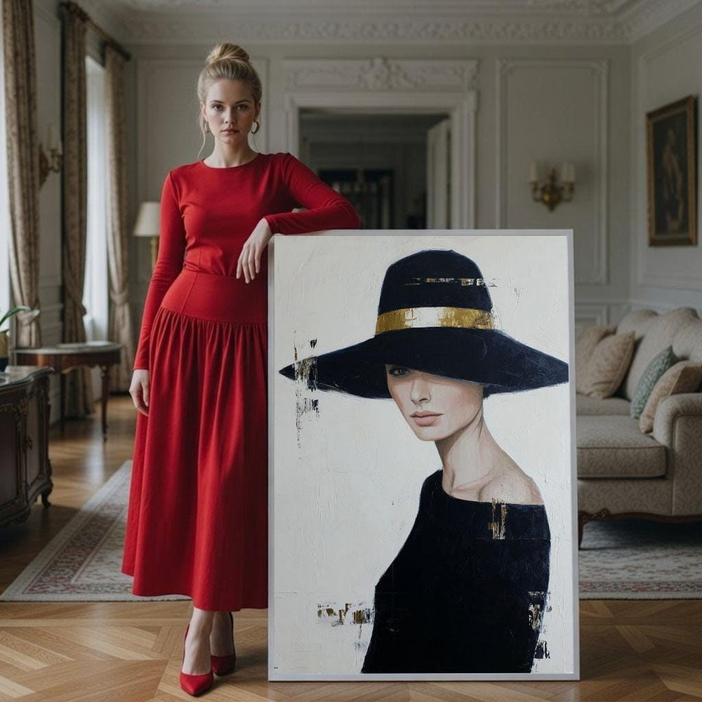 Elegant Woman in Black Hat Canvas Print, Modern Bedroom Wall Art