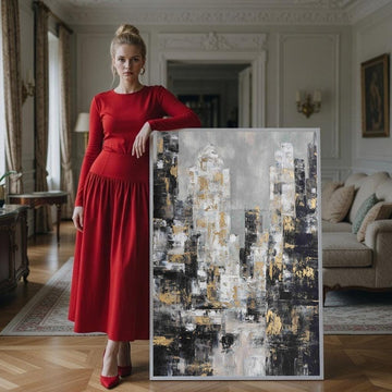 Image 1 of Elegant Cityscape Abstract Canvas Wall Art Print | Modern Living Room Decor | Statement Piece for Art Collectors