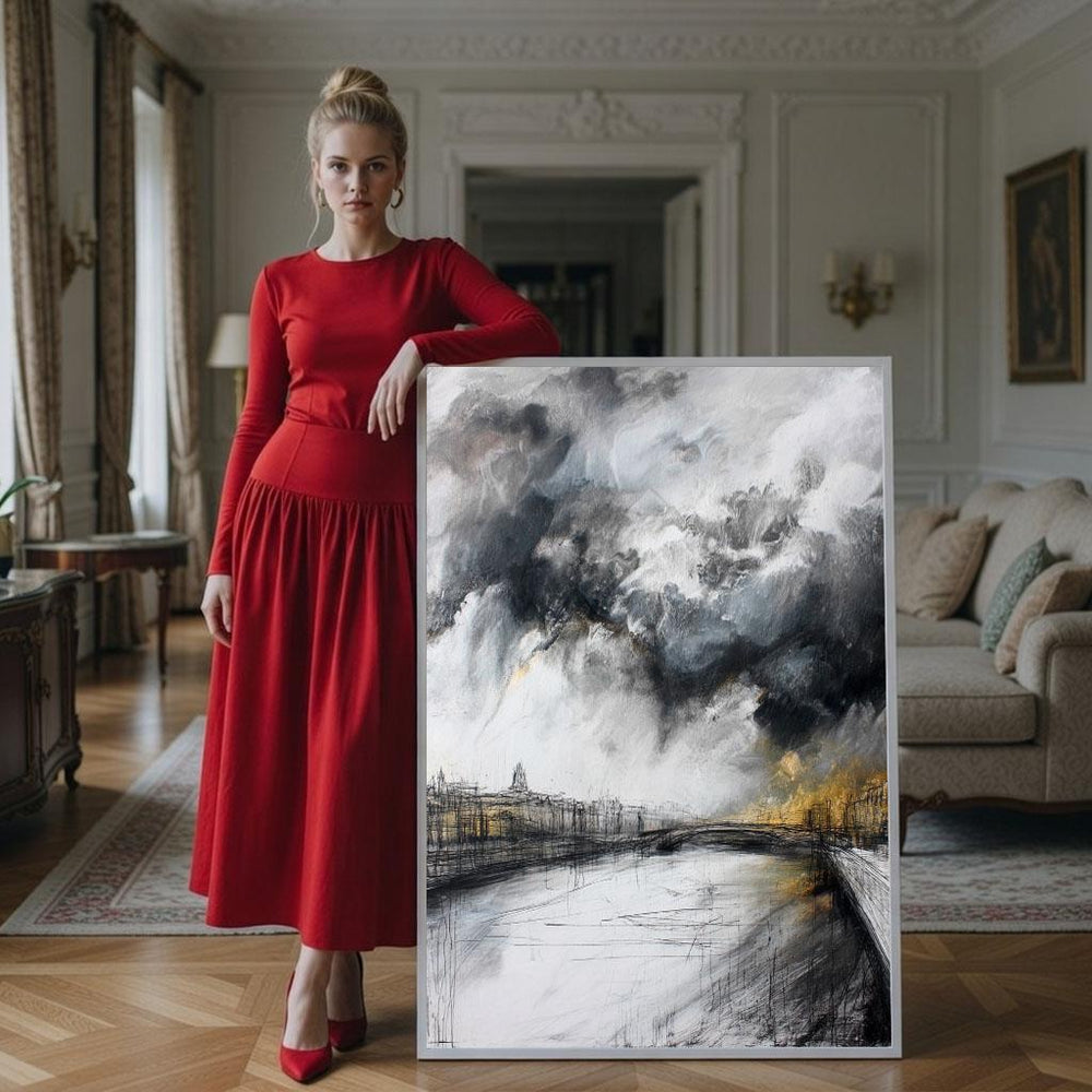 Elegant Stormy Cityscape Canvas Wall Art Print  Monochrome Living Room Decor  Modern Art Lovers