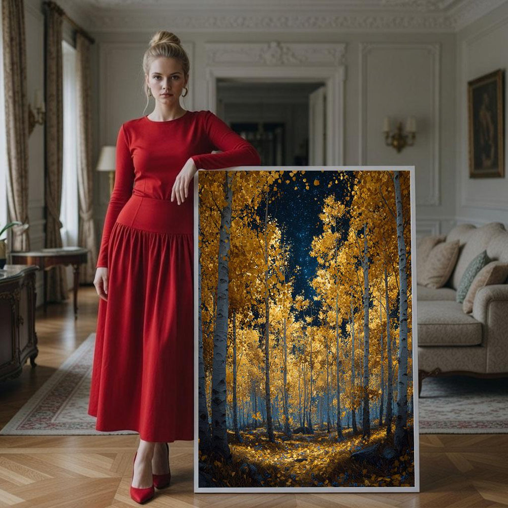 Autumn Forest Canvas Print: Golden Blue Night Scene, Living Room Decor
