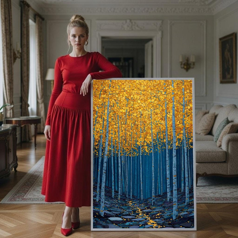 Elegant Autumn Forest Canvas Wall Art Print  Blue Gold Living Room Decor  Statement Piece