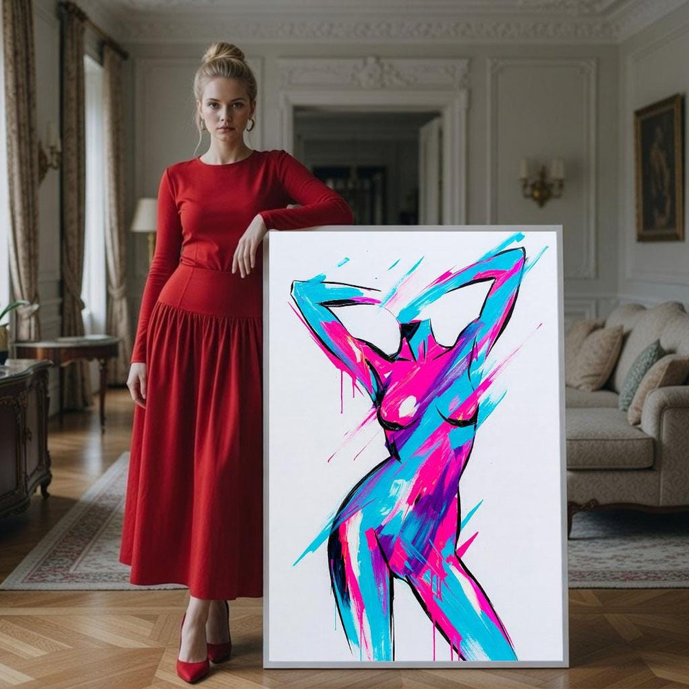 Abstract Woman Canvas Print: Vibrant Pink & Blue Modern Art