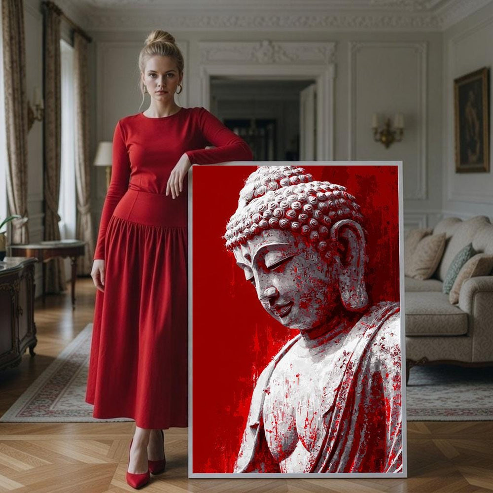 Elegant Buddha Canvas Wall Art Print  Red Tones Living Room Decor  Spiritual Statement Piece