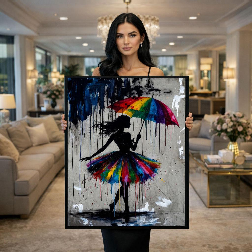 Colorful Umbrella Ballerina Canvas Wall Art Print  Modern Living Room Decor  Statement Piece