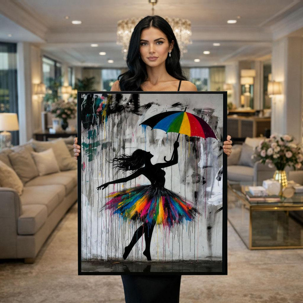 Ballerina Canvas Print: Rainbow Umbrella, Modern Wall Art