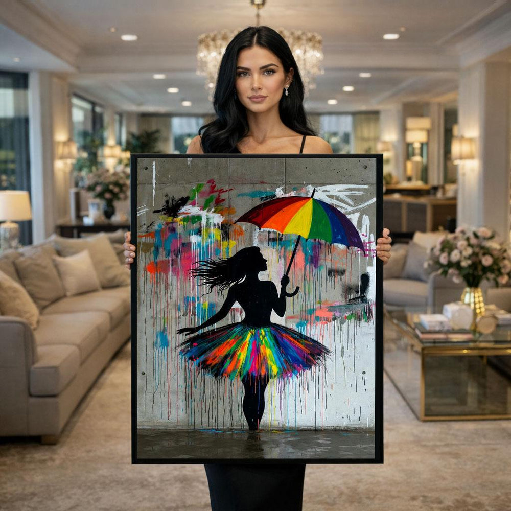 Colorful Umbrella Dancer Canvas Wall Art Print  Vibrant Living Room Decor  Modern Statement Piece