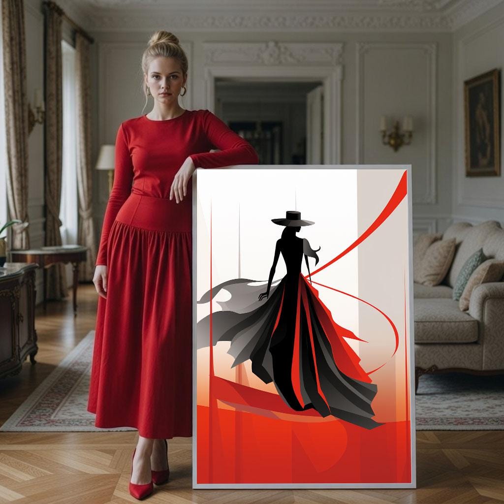 Image 2 of Sophisticated Fashion Woman Silhouette Canvas Wall Art Print | Red Black Living Room Decor | Ready to Hang