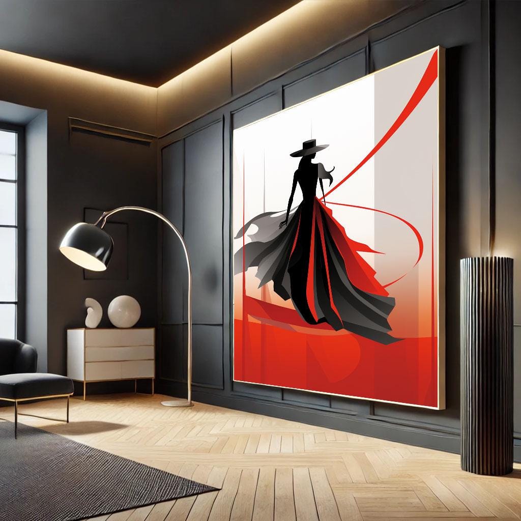 Image 4 of Sophisticated Fashion Woman Silhouette Canvas Wall Art Print | Red Black Living Room Decor | Ready to Hang