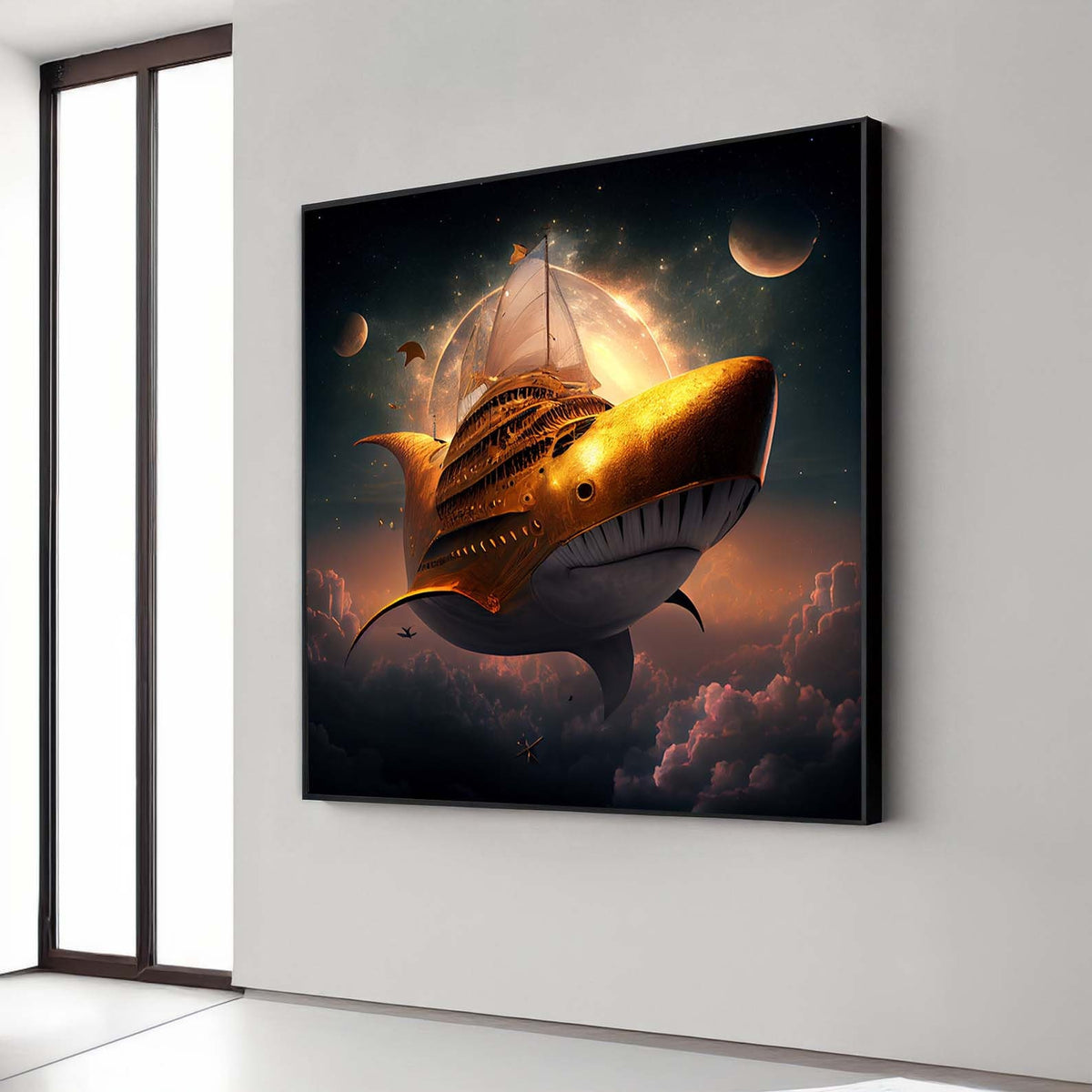 SHARK WALL ART, Golden Shark Spaceship Canvas, Surreal Nautical Art, Fantasy Space Wall Print, Surreal Art, Animal, Ready to Hang Decoration