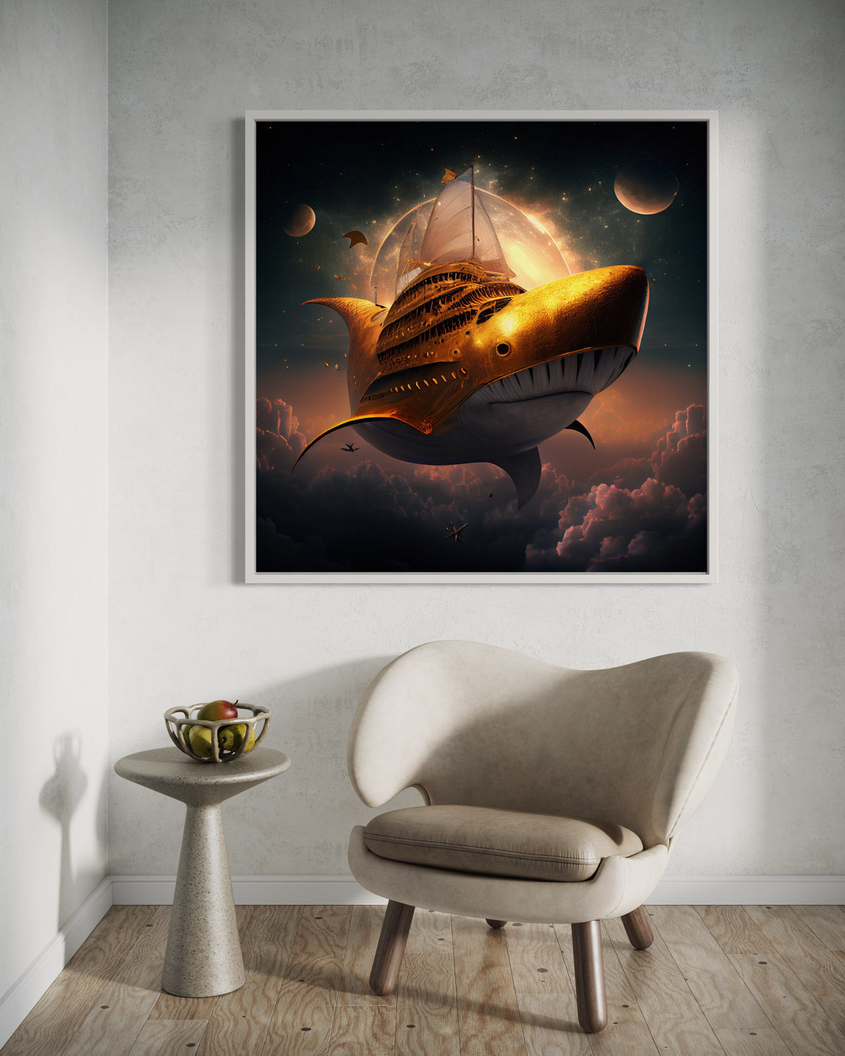 SHARK WALL ART, Golden Shark Spaceship Canvas, Surreal Nautical Art, Fantasy Space Wall Print, Surreal Art, Animal, Ready to Hang Decoration