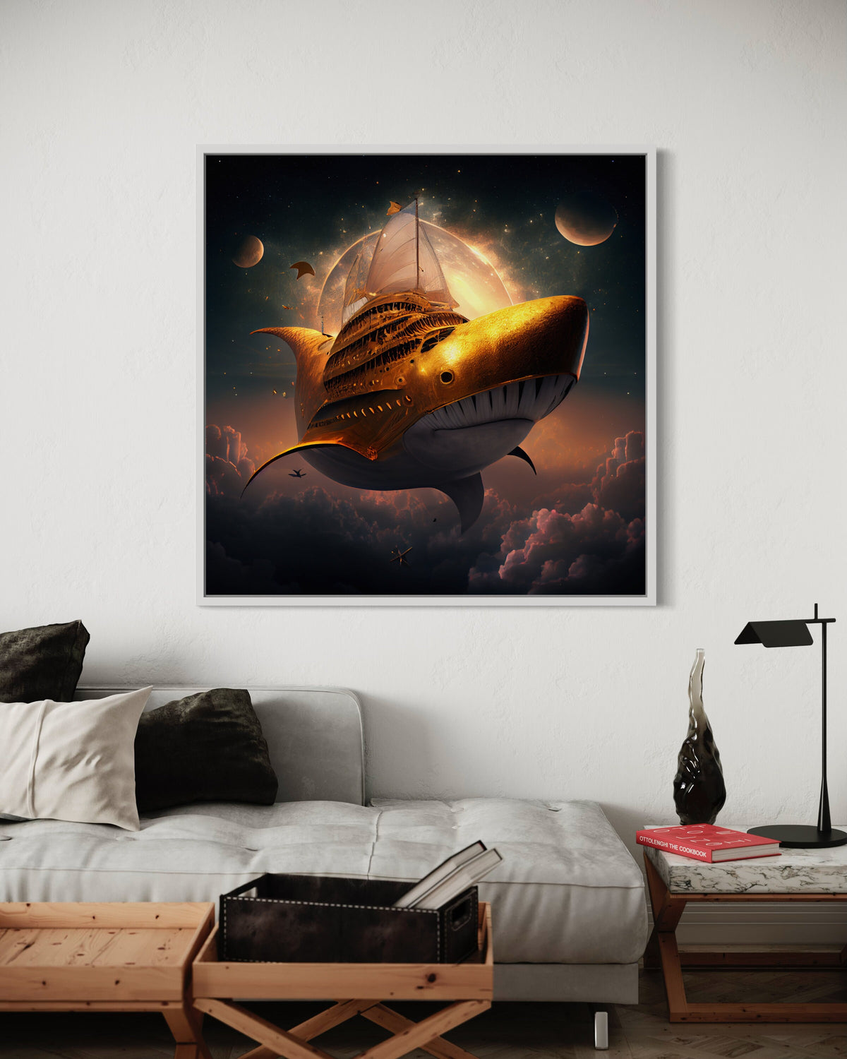 SHARK WALL ART, Golden Shark Spaceship Canvas, Surreal Nautical Art, Fantasy Space Wall Print, Surreal Art, Animal, Ready to Hang Decoration