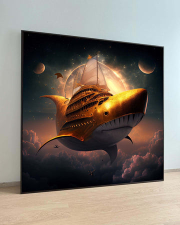 SHARK WALL ART, Golden Shark Spaceship Canvas, Surreal Nautical Art, Fantasy Space Wall Print, Surreal Art, Animal, Ready to Hang Decoration