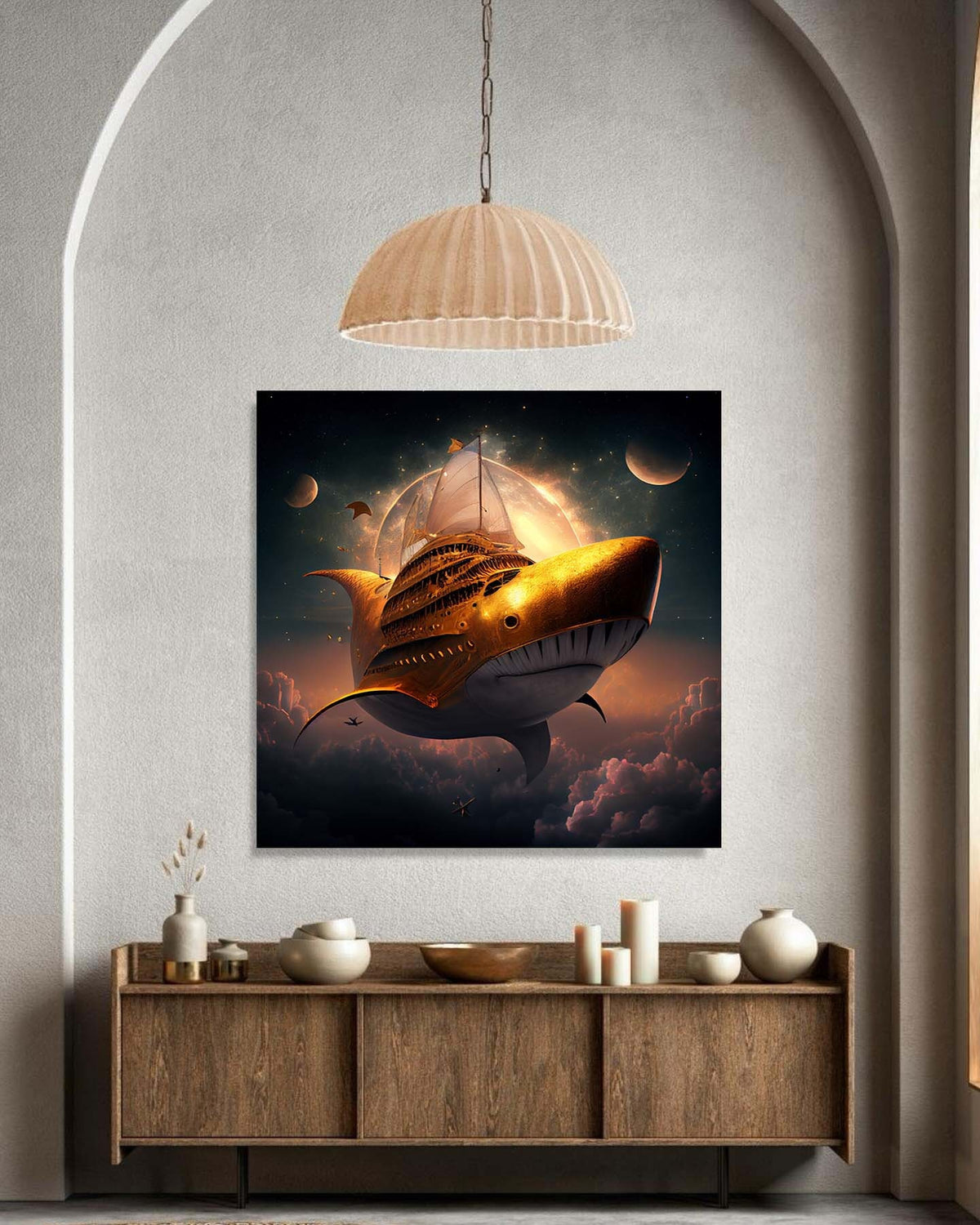 SHARK WALL ART, Golden Shark Spaceship Canvas, Surreal Nautical Art, Fantasy Space Wall Print, Surreal Art, Animal, Ready to Hang Decoration