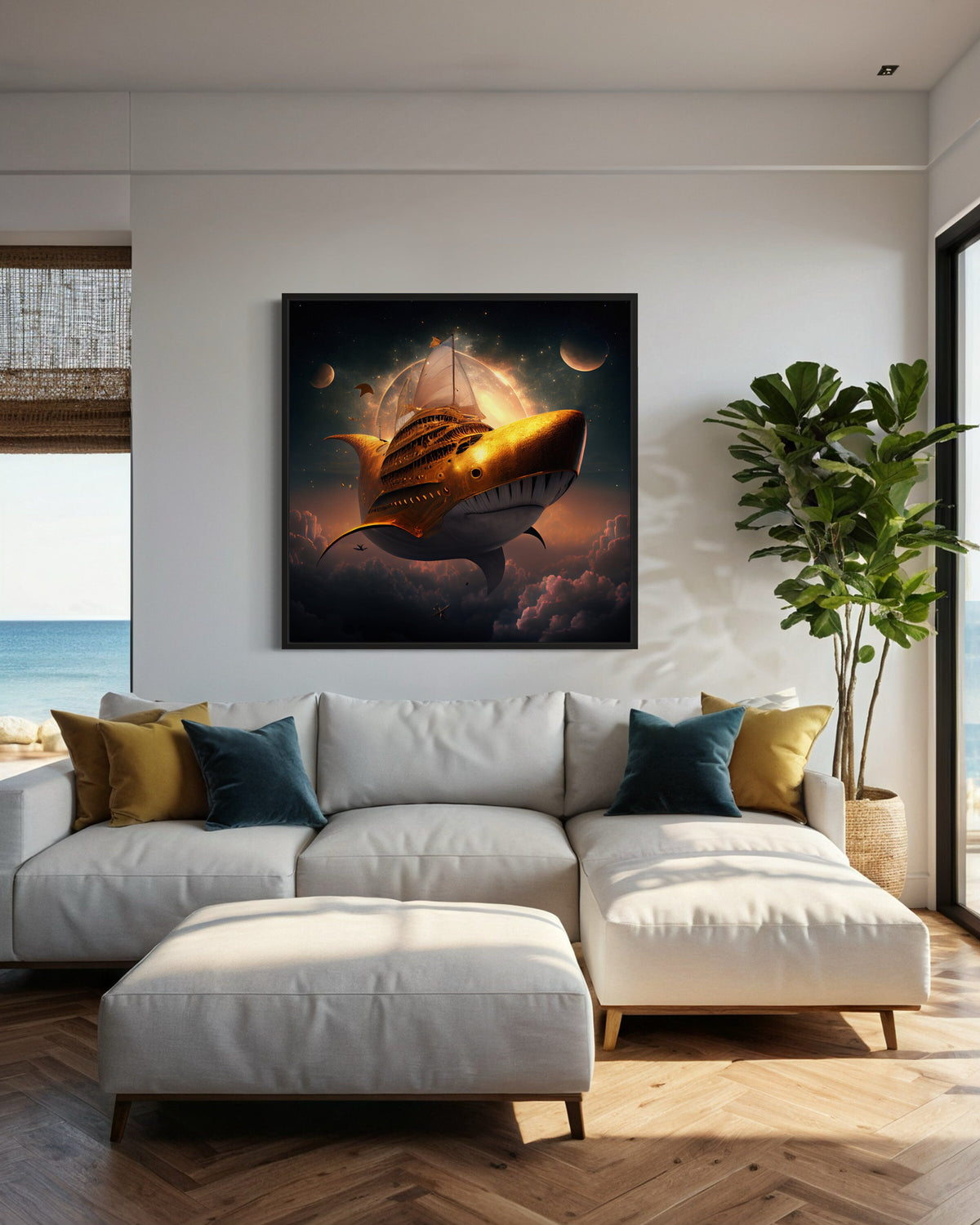SHARK WALL ART, Golden Shark Spaceship Canvas, Surreal Nautical Art, Fantasy Space Wall Print, Surreal Art, Animal, Ready to Hang Decoration
