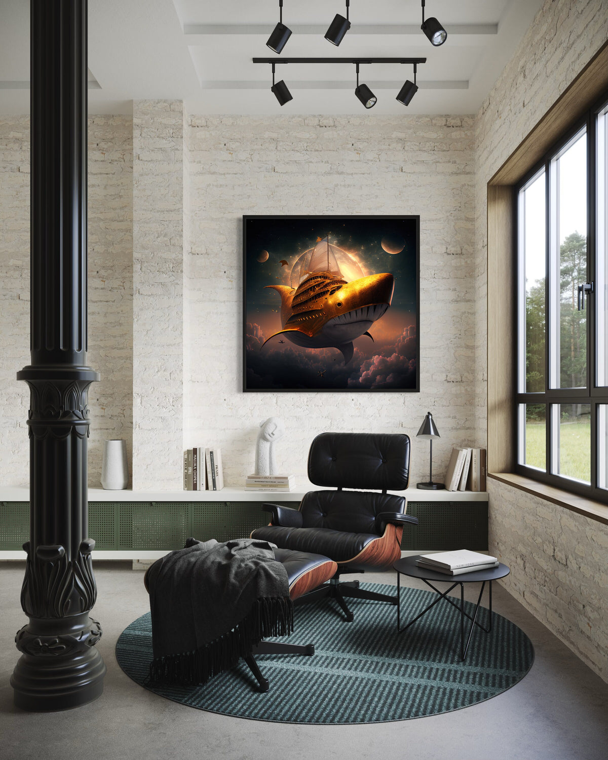 SHARK WALL ART, Golden Shark Spaceship Canvas, Surreal Nautical Art, Fantasy Space Wall Print, Surreal Art, Animal, Ready to Hang Decoration