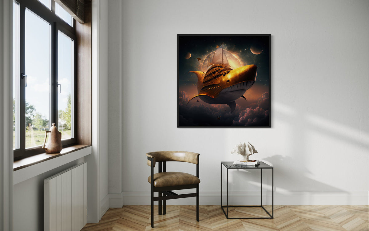 SHARK WALL ART, Golden Shark Spaceship Canvas, Surreal Nautical Art, Fantasy Space Wall Print, Surreal Art, Animal, Ready to Hang Decoration