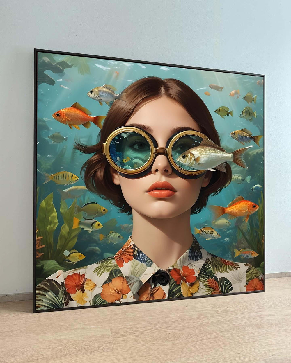 Surreal Woman Art, Surreal Woman with Fish, Oceanic Portrait Canvas, Whimsical Aquatic Wall Art, Animal Art, Ready to Hang Decor