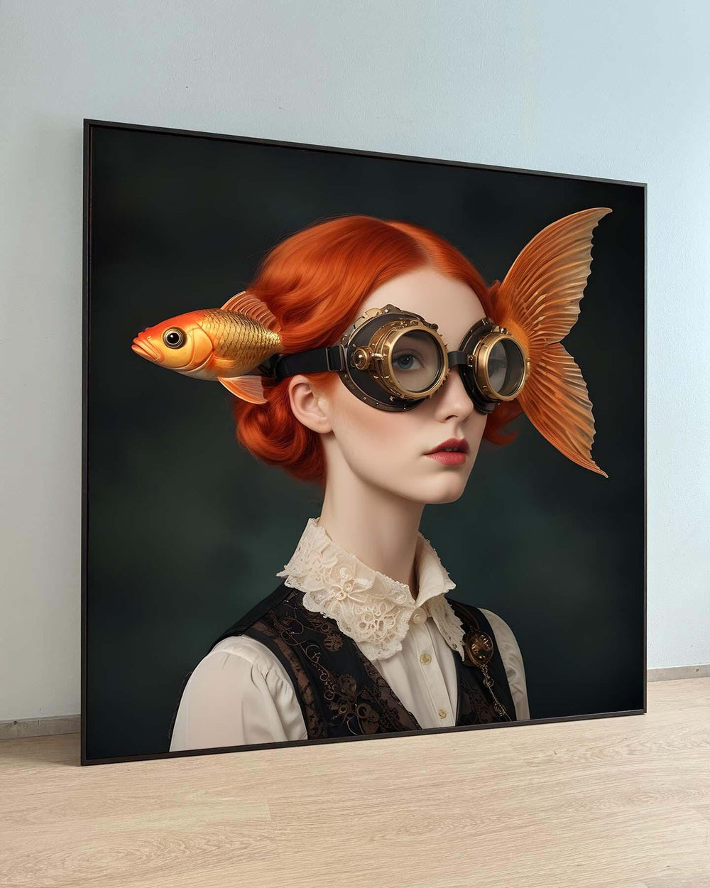 Surreal Woman Art,Steampunk Goldfish Portrait,Surreal Redhead Art,Victorian Fantasy Canvas,Whimsical Steampunk Wall Art, Ready to Hang Decor