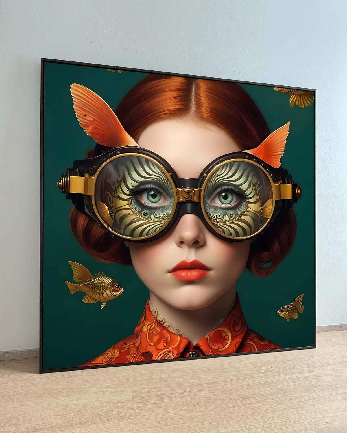 Surreal Woman Art, Surreal Woman with Fish, Oceanic Portrait Canvas, Whimsical Aquatic Wall Art, Animal Art, Ready to Hang Decor
