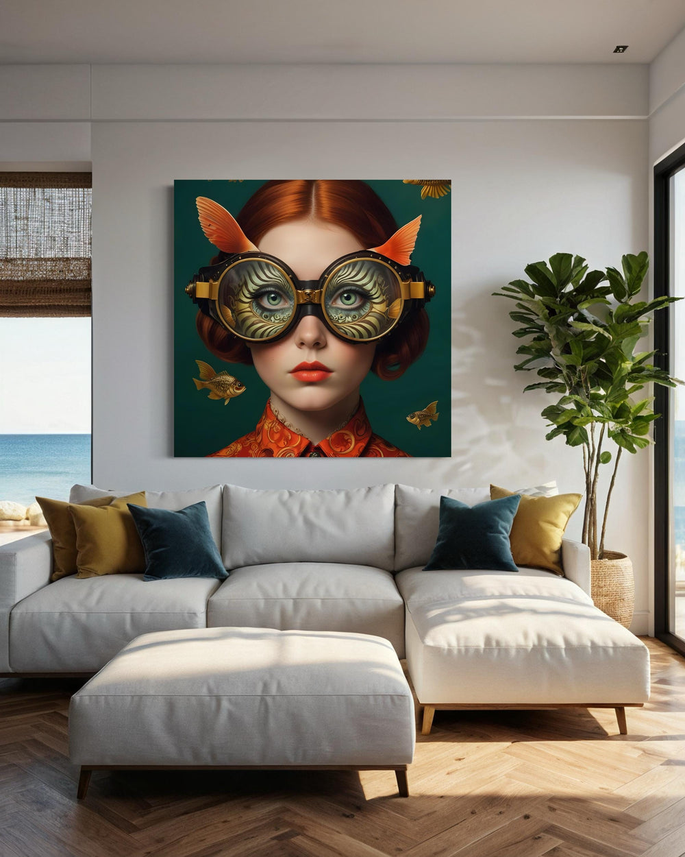 Surreal Woman Art, Surreal Woman with Fish, Oceanic Portrait Canvas, Whimsical Aquatic Wall Art, Animal Art, Ready to Hang Decor