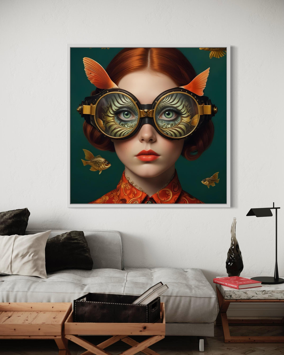 Surreal Woman Art, Surreal Woman with Fish, Oceanic Portrait Canvas, Whimsical Aquatic Wall Art, Animal Art, Ready to Hang Decor