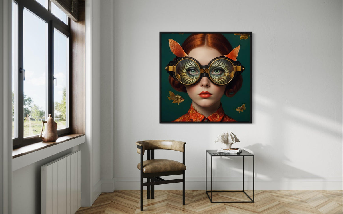 Surreal Woman Art, Surreal Woman with Fish, Oceanic Portrait Canvas, Whimsical Aquatic Wall Art, Animal Art, Ready to Hang Decor