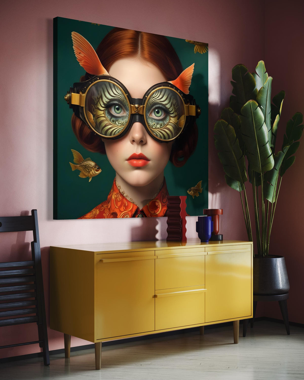Surreal Woman Art, Surreal Woman with Fish, Oceanic Portrait Canvas, Whimsical Aquatic Wall Art, Animal Art, Ready to Hang Decor
