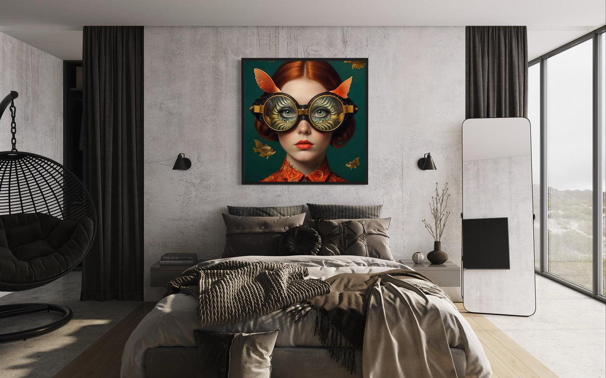 Surreal Woman Art, Surreal Woman with Fish, Oceanic Portrait Canvas, Whimsical Aquatic Wall Art, Animal Art, Ready to Hang Decor