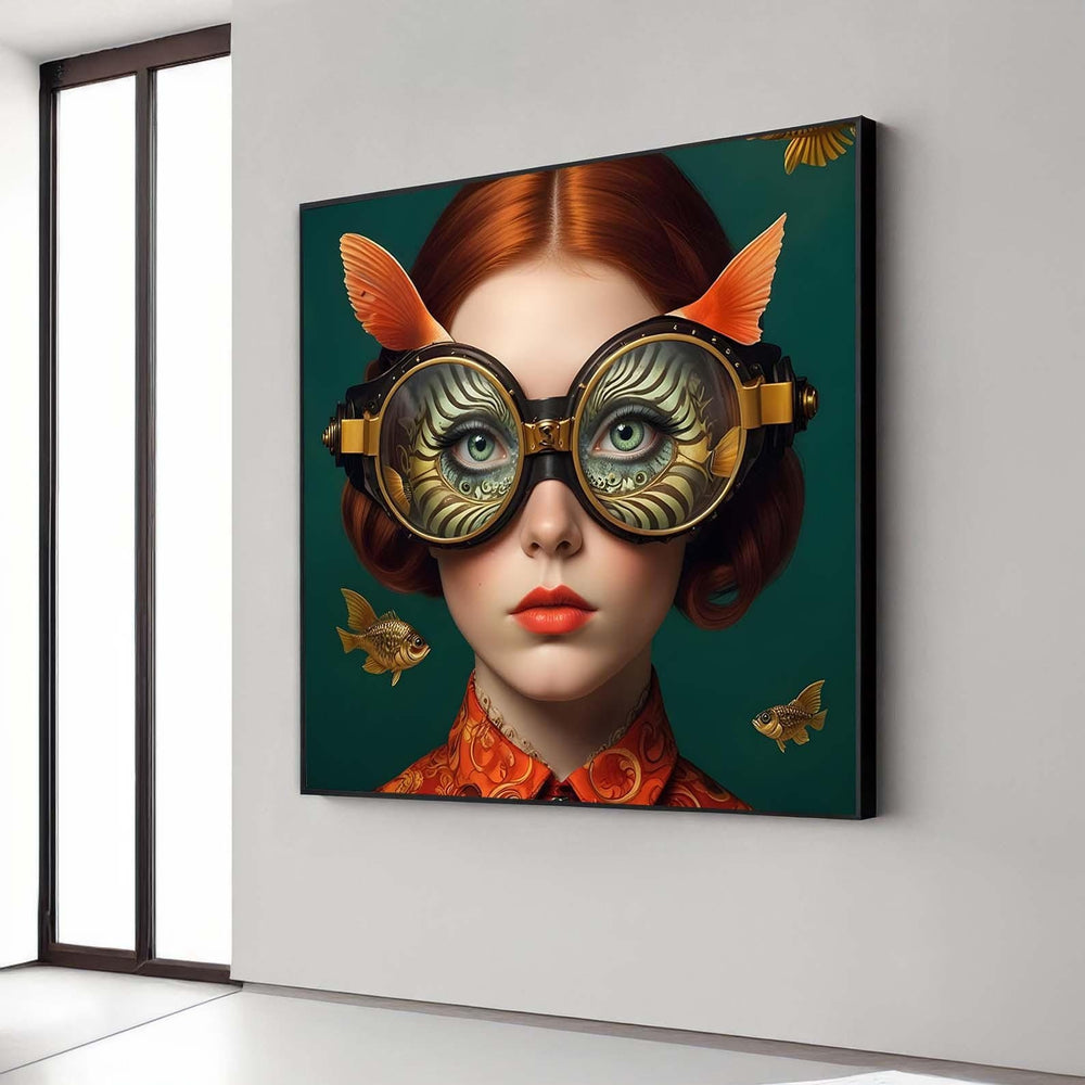 Surreal Woman Art, Surreal Woman with Fish, Oceanic Portrait Canvas, Whimsical Aquatic Wall Art, Animal Art, Ready to Hang Decor