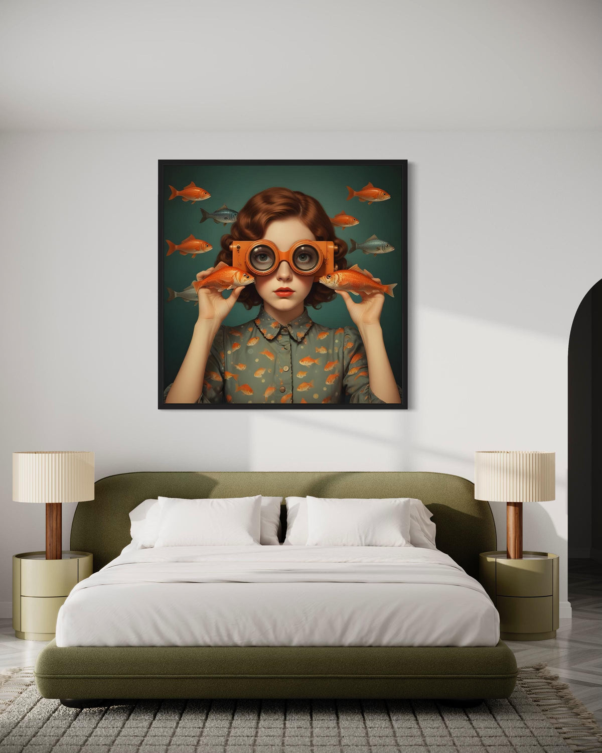 Surreal Woman Art, Surreal Woman with Fish, Oceanic Portrait Canvas, Whimsical Aquatic Wall Art, Animal Art, Ready to Hang Decor