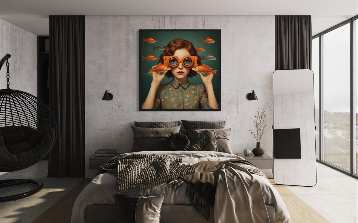 Surreal Woman Art, Surreal Woman with Fish, Oceanic Portrait Canvas, Whimsical Aquatic Wall Art, Animal Art, Ready to Hang Decor