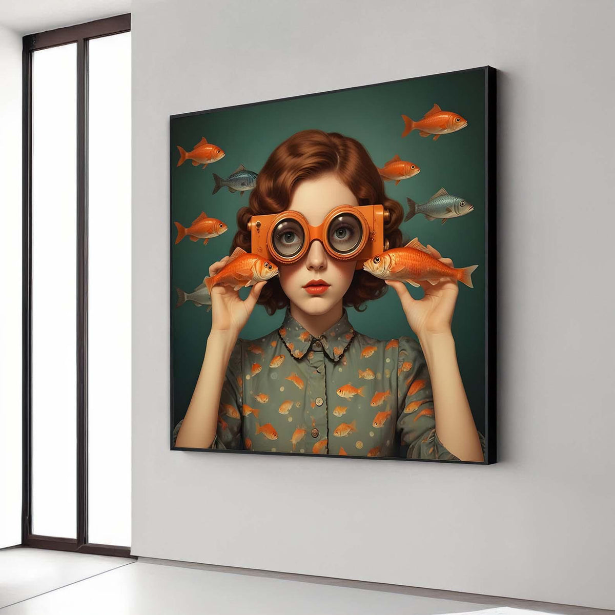 Surreal Woman Art, Surreal Woman with Fish, Oceanic Portrait Canvas, Whimsical Aquatic Wall Art, Animal Art, Ready to Hang Decor