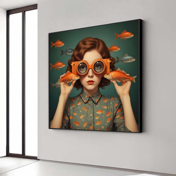 Surreal Woman Art, Surreal Woman with Fish, Oceanic Portrait Canvas, Whimsical Aquatic Wall Art, Animal Art, Ready to Hang Decor