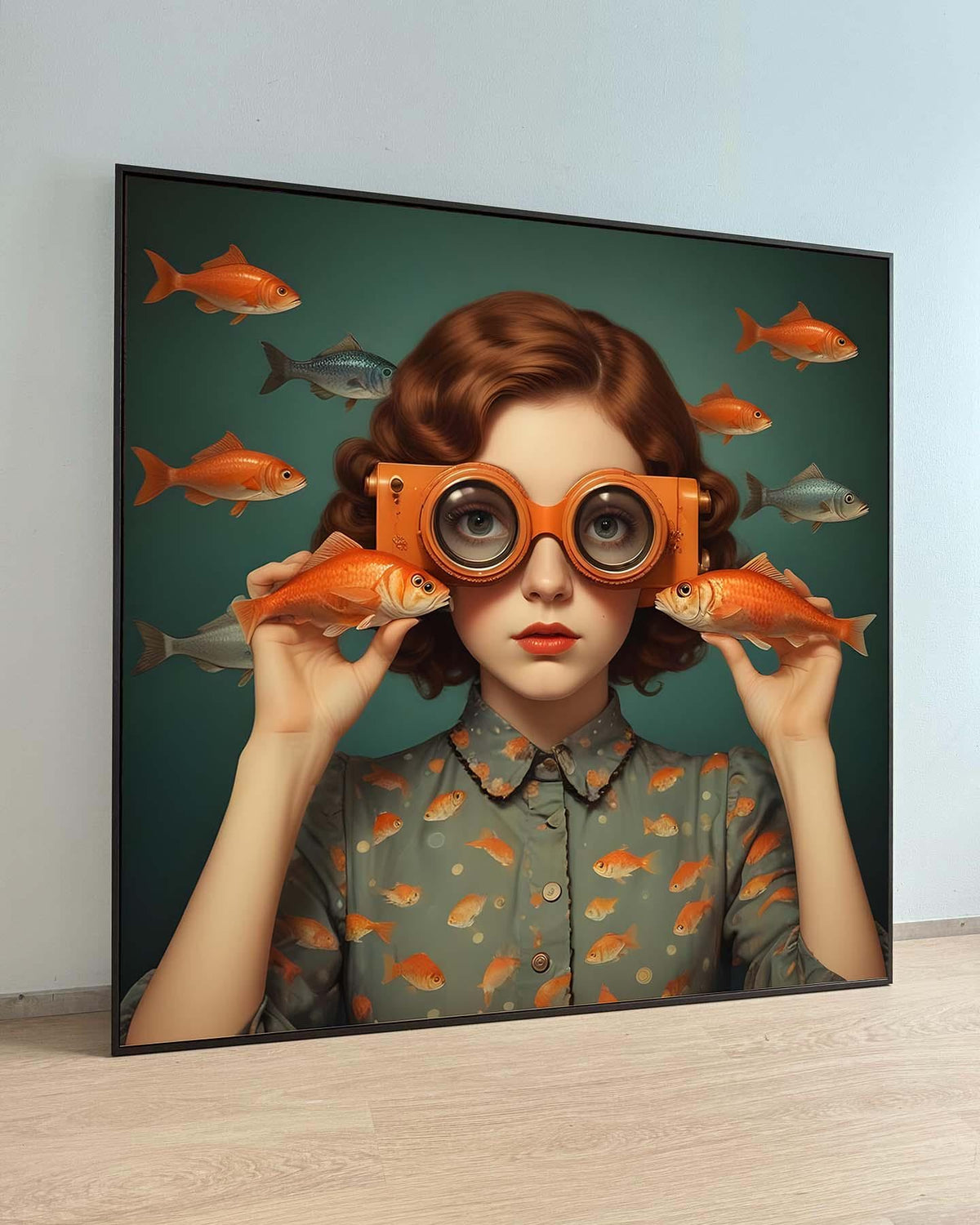 Surreal Woman Art, Surreal Woman with Fish, Oceanic Portrait Canvas, Whimsical Aquatic Wall Art, Animal Art, Ready to Hang Decor