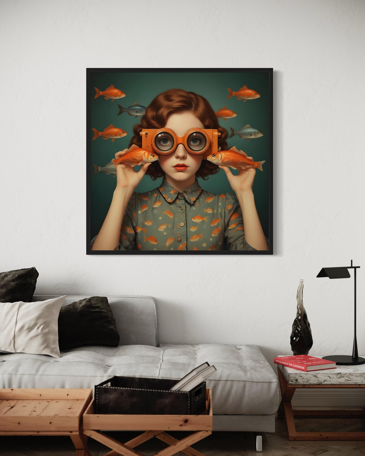 Surreal Woman Art, Surreal Woman with Fish, Oceanic Portrait Canvas, Whimsical Aquatic Wall Art, Animal Art, Ready to Hang Decor