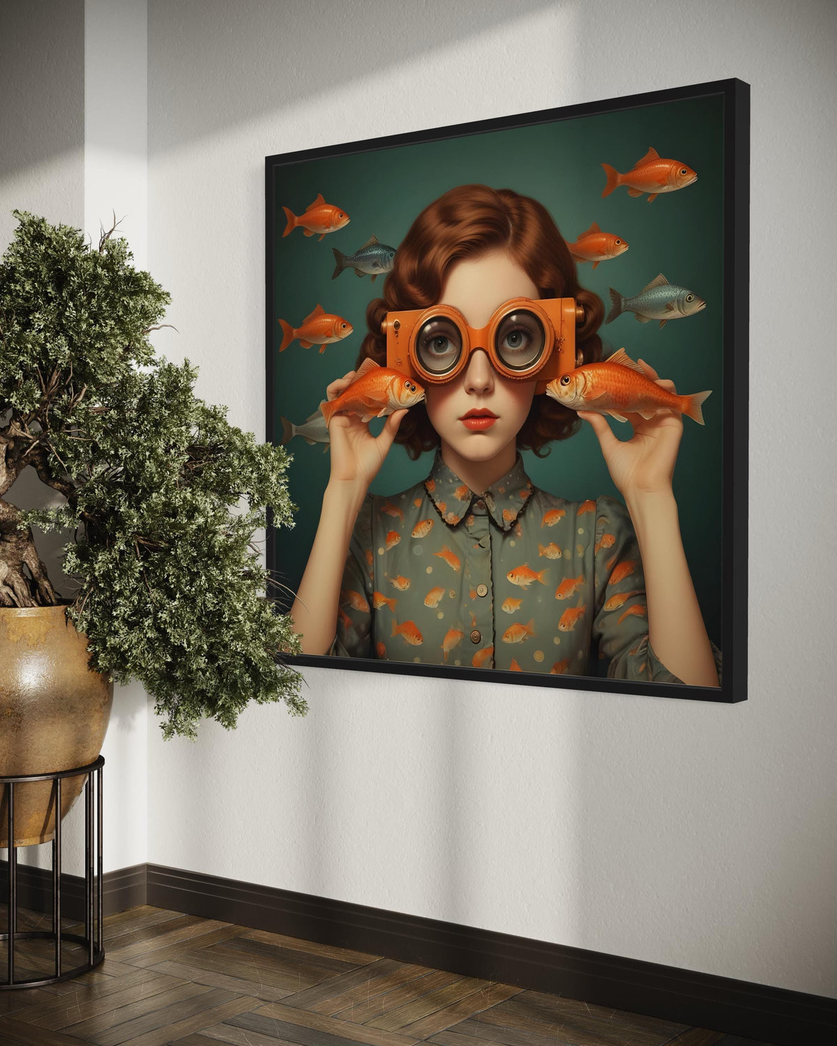 Surreal Woman Art, Surreal Woman with Fish, Oceanic Portrait Canvas, Whimsical Aquatic Wall Art, Animal Art, Ready to Hang Decor