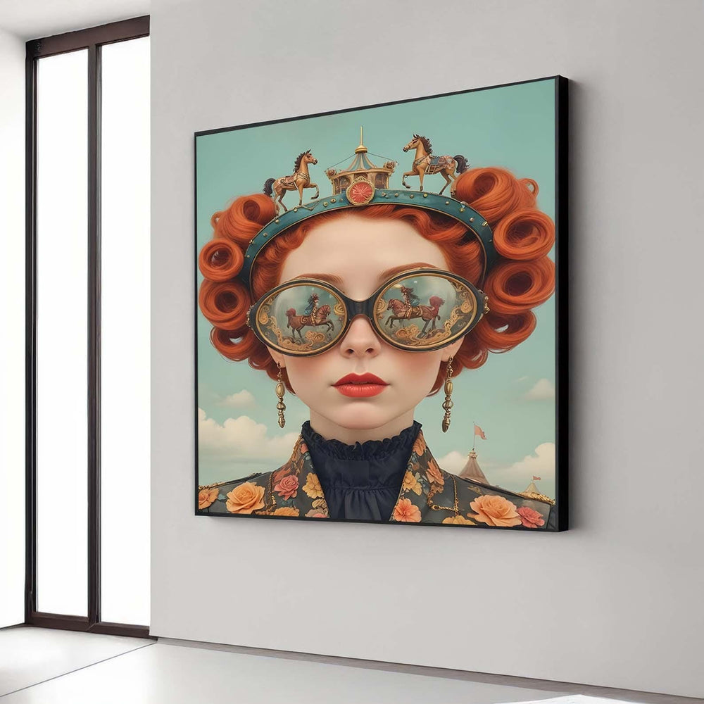 Carousel Queen Portrait, Surreal Redhead with Carousel Goggles, Victorian Fantasy Canvas, Whimsical Steampunk Wall Art, Ready to Hang Decor