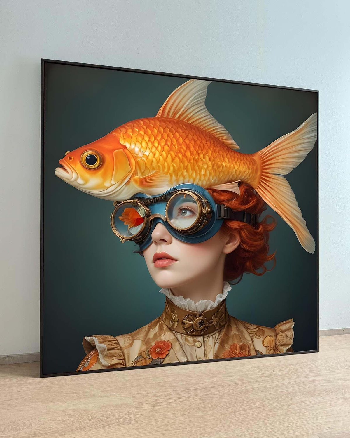 Surreal Woman Art, Surreal Woman with Fish, Oceanic Portrait Canvas, Whimsical Aquatic Wall Art, Animal Art, Ready to Hang Decor