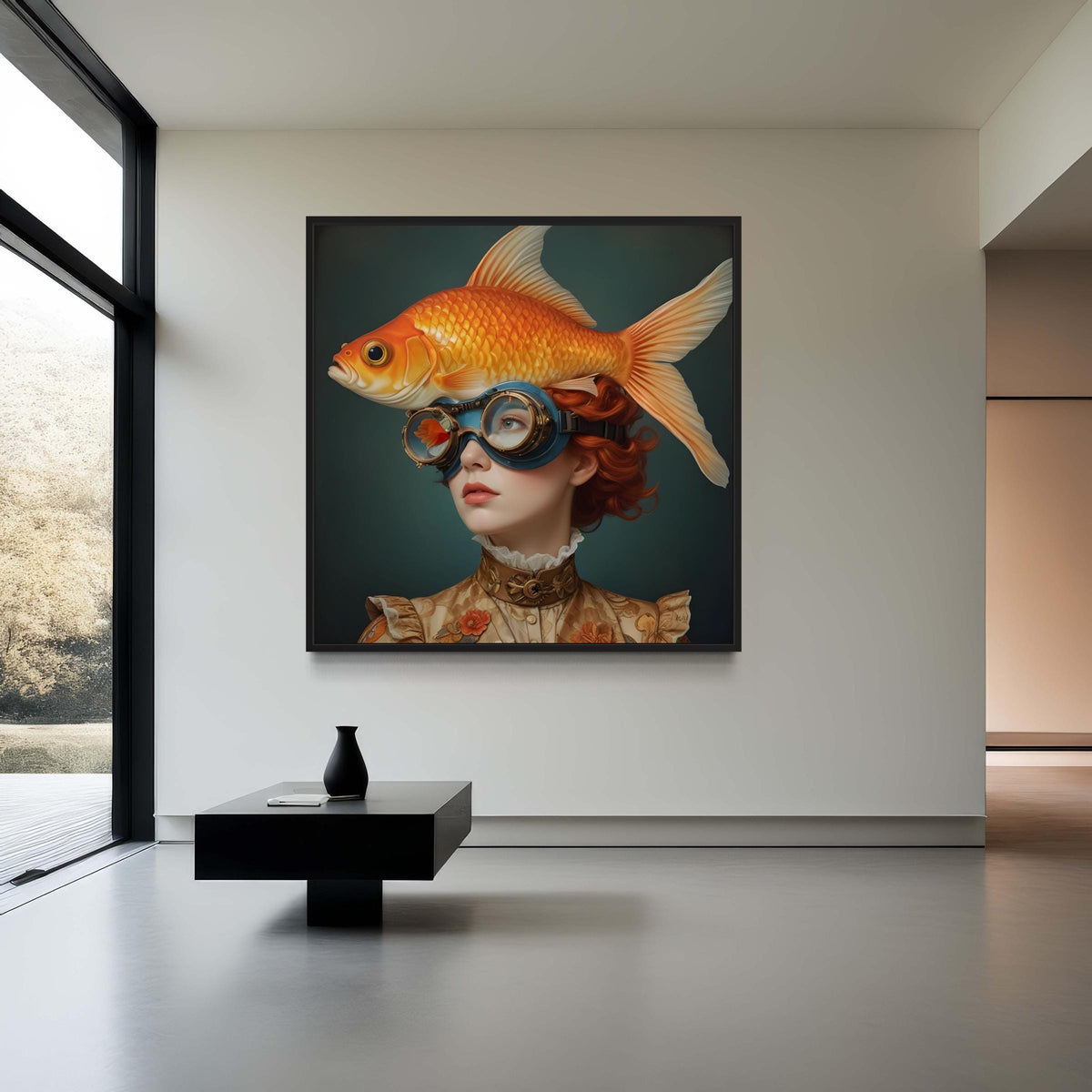 Surreal Woman Art, Surreal Woman with Fish, Oceanic Portrait Canvas, Whimsical Aquatic Wall Art, Animal Art, Ready to Hang Decor