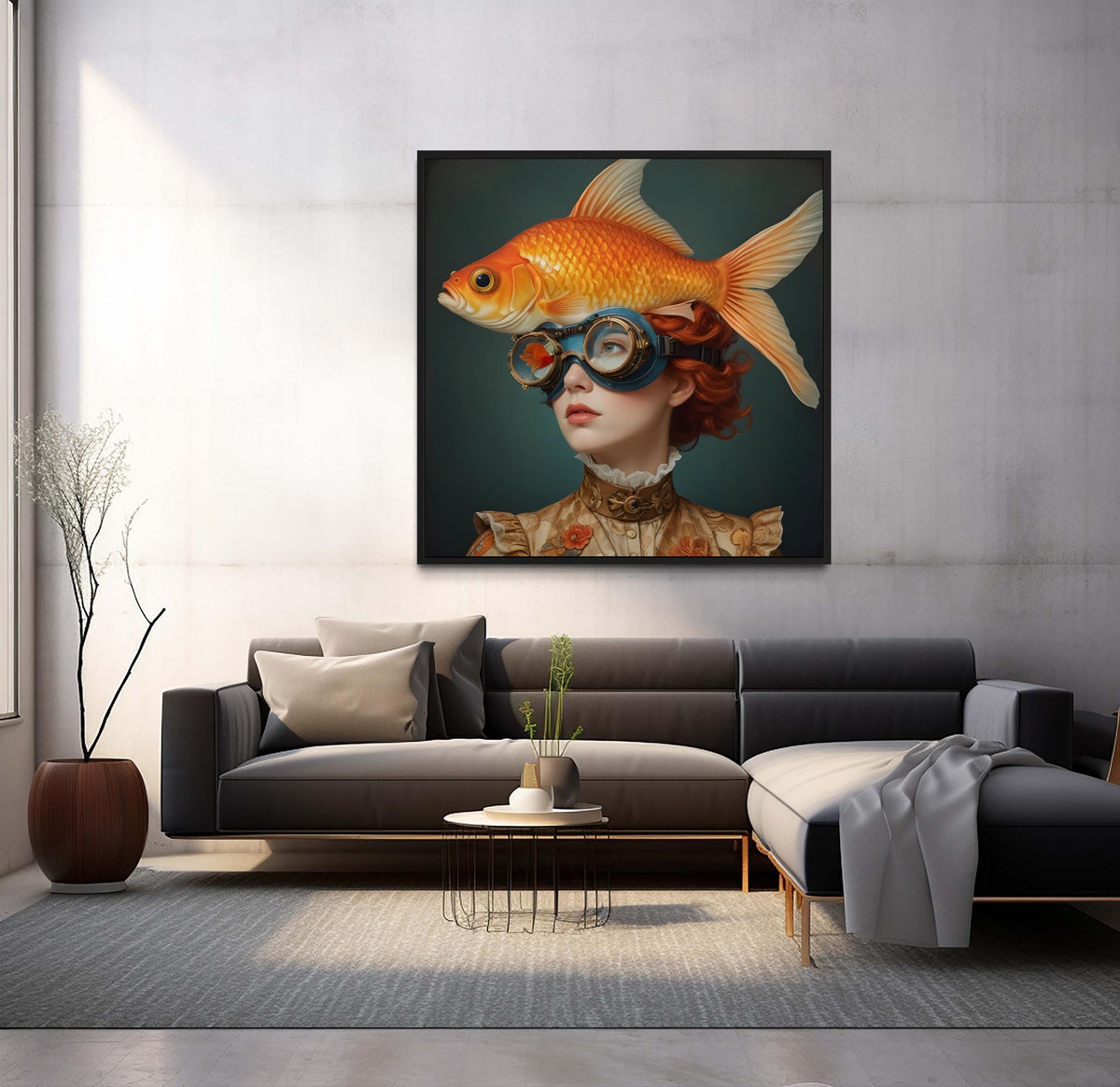 Surreal Woman Art, Surreal Woman with Fish, Oceanic Portrait Canvas, Whimsical Aquatic Wall Art, Animal Art, Ready to Hang Decor