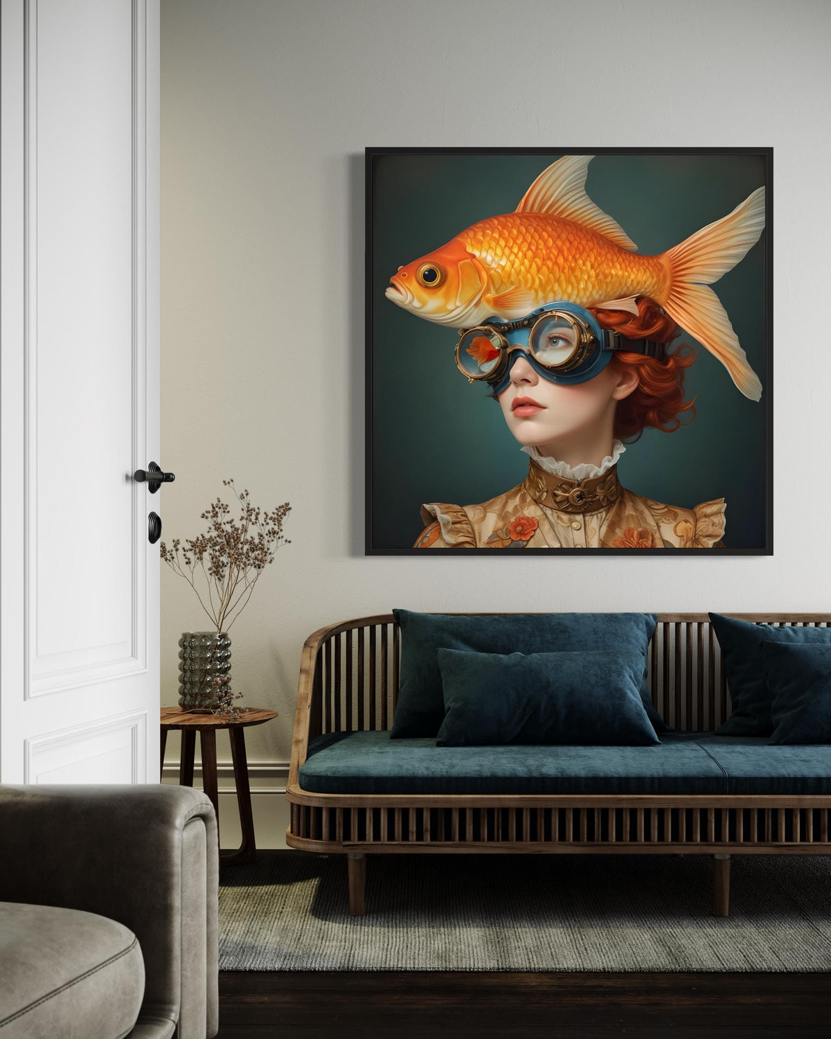 Surreal Woman Art, Surreal Woman with Fish, Oceanic Portrait Canvas, Whimsical Aquatic Wall Art, Animal Art, Ready to Hang Decor