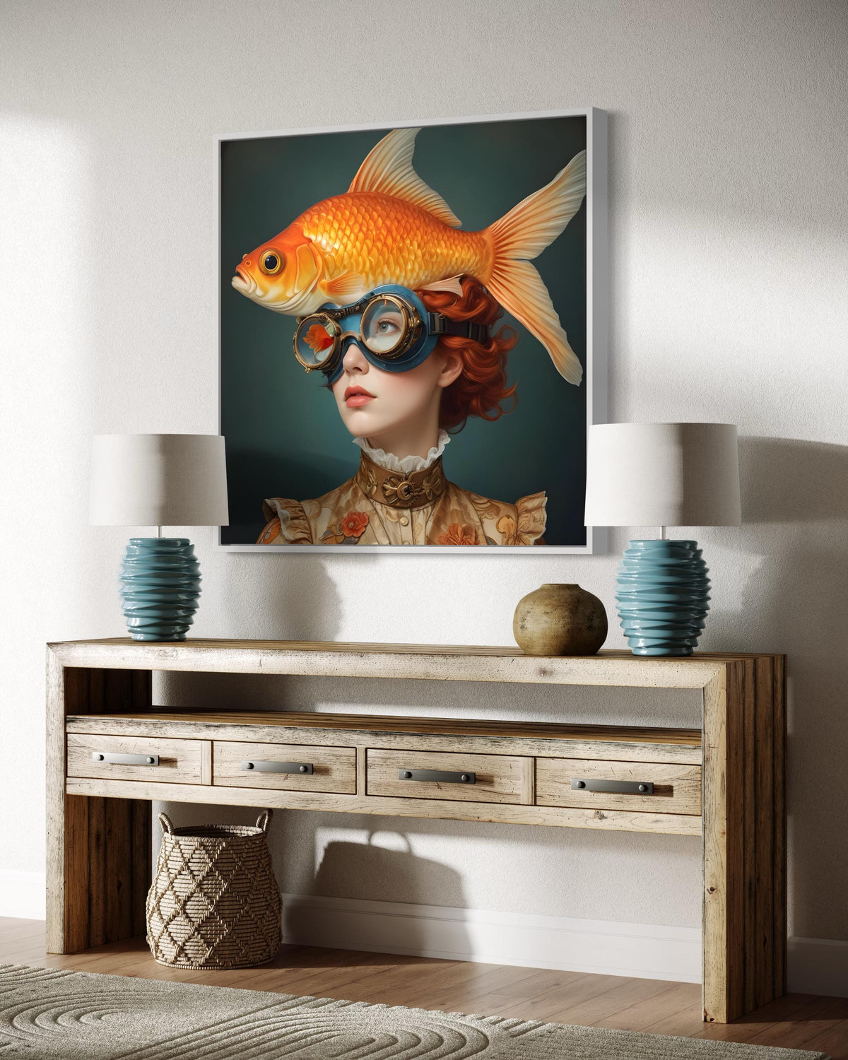 Surreal Woman Art, Surreal Woman with Fish, Oceanic Portrait Canvas, Whimsical Aquatic Wall Art, Animal Art, Ready to Hang Decor