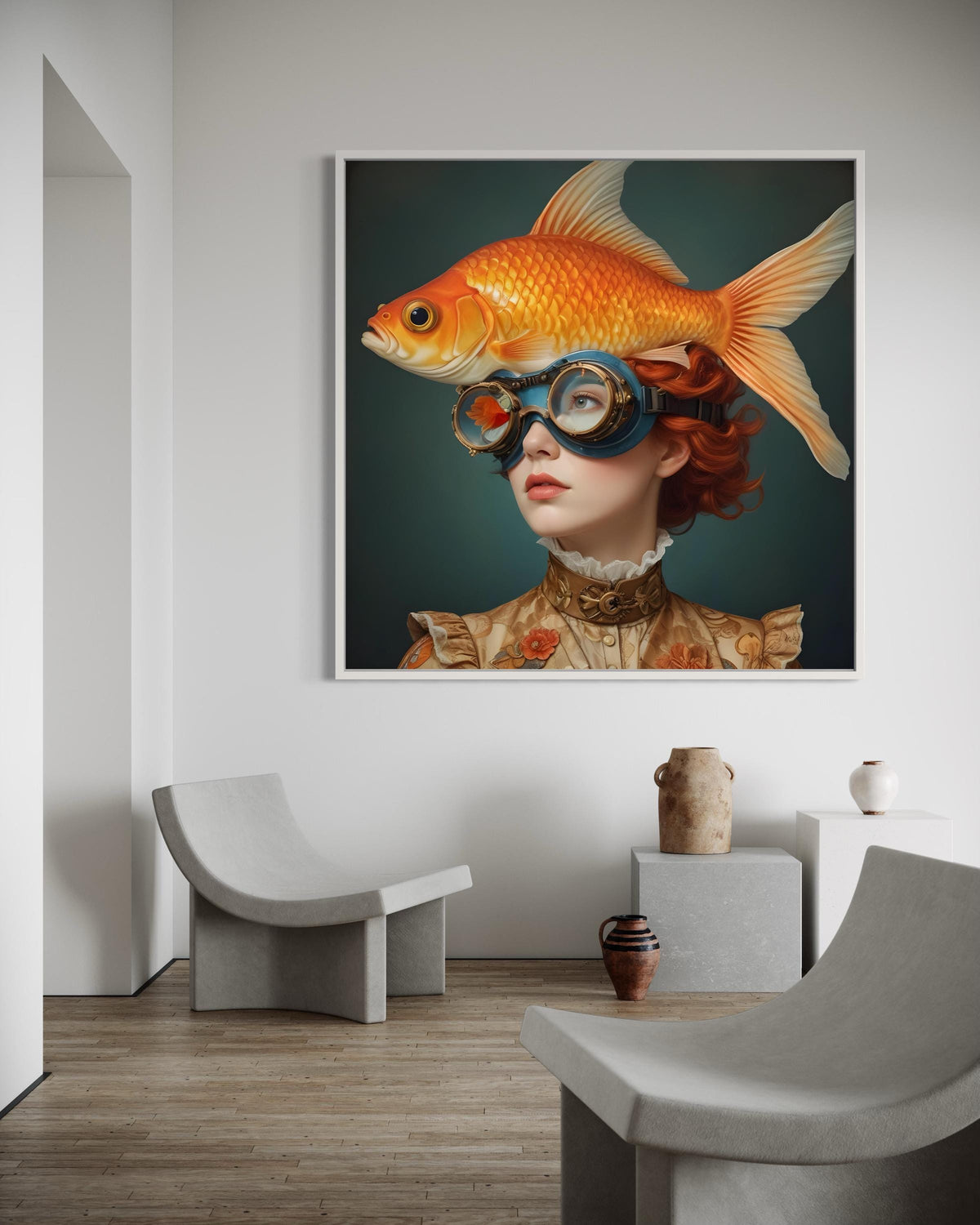 Surreal Woman Art, Surreal Woman with Fish, Oceanic Portrait Canvas, Whimsical Aquatic Wall Art, Animal Art, Ready to Hang Decor