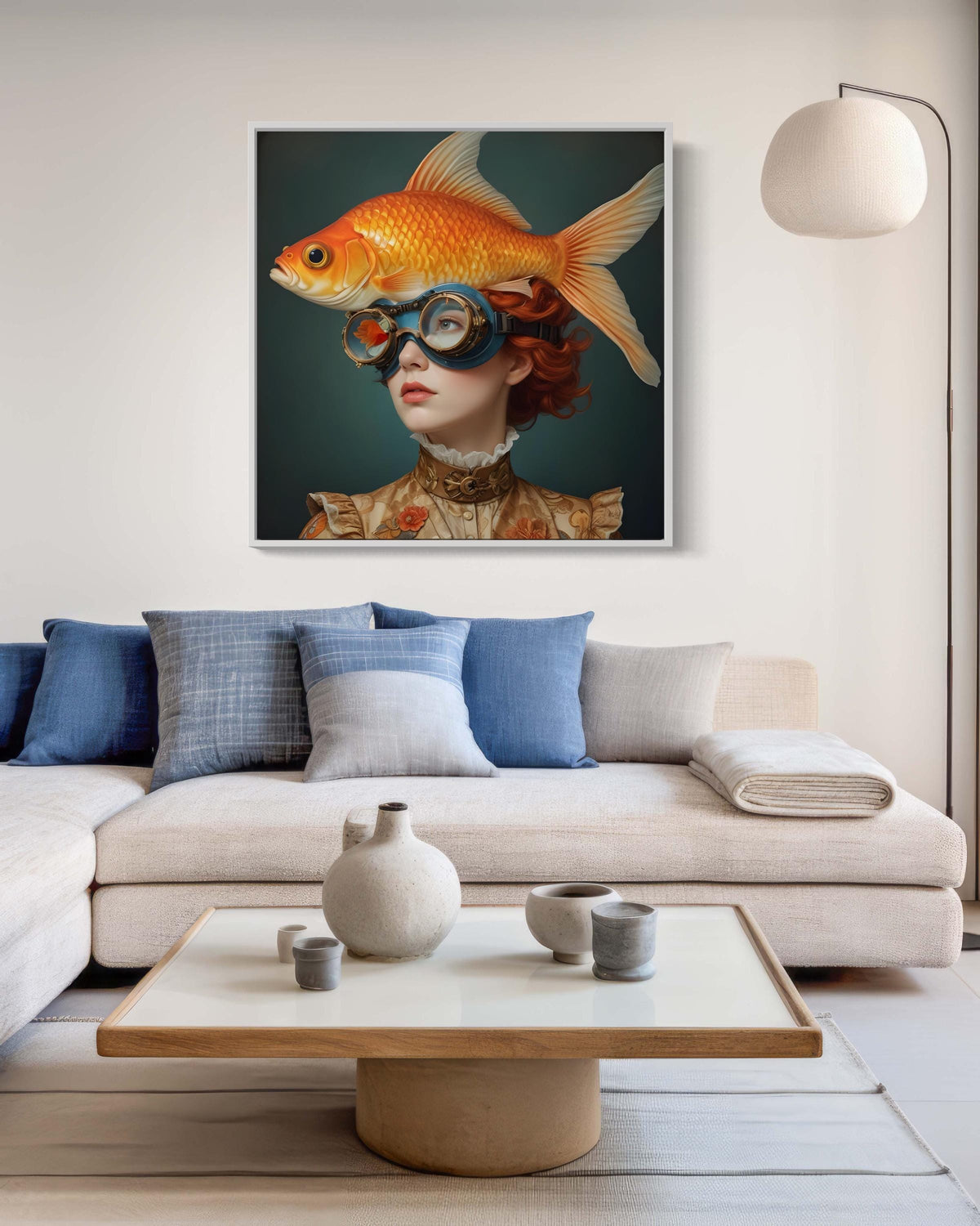 Surreal Woman Art, Surreal Woman with Fish, Oceanic Portrait Canvas, Whimsical Aquatic Wall Art, Animal Art, Ready to Hang Decor