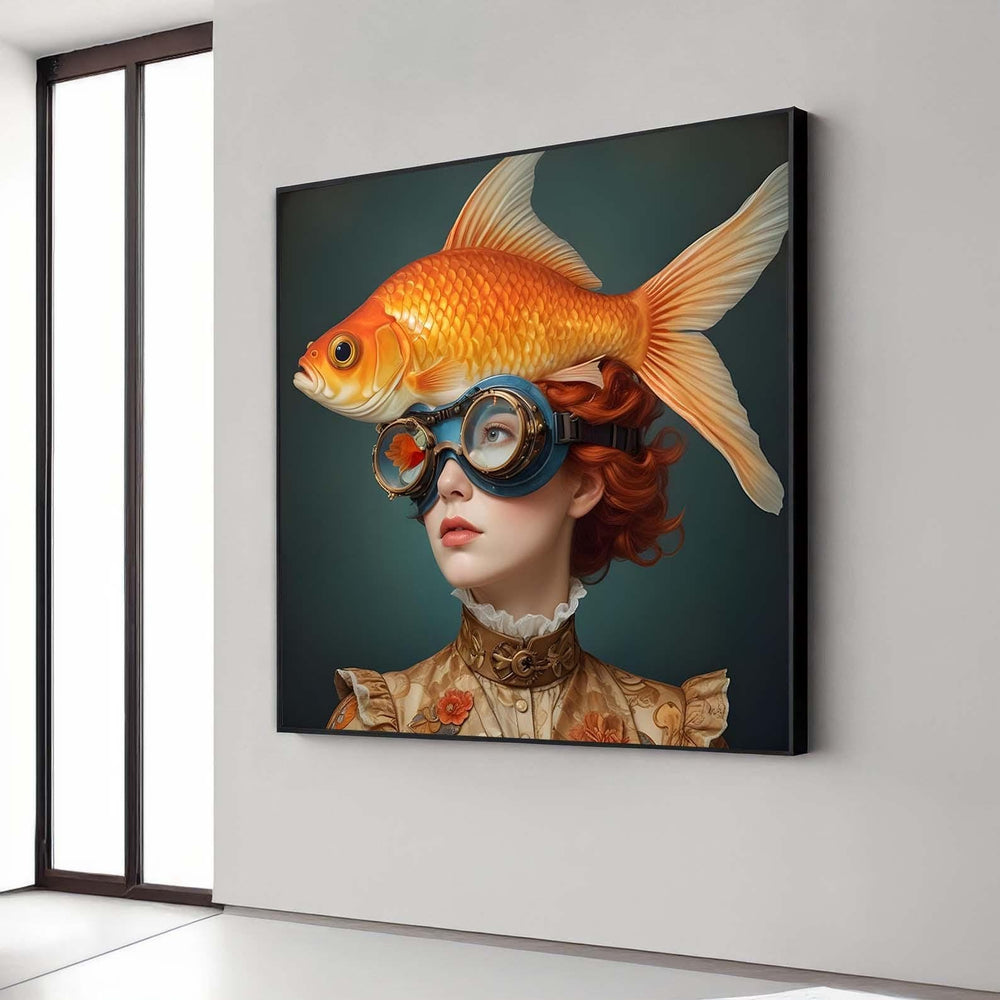 Surreal Woman Art, Surreal Woman with Fish, Oceanic Portrait Canvas, Whimsical Aquatic Wall Art, Animal Art, Ready to Hang Decor
