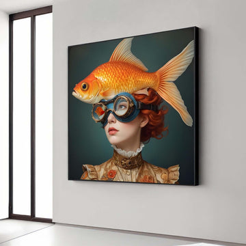Surreal Woman Art, Surreal Woman with Fish, Oceanic Portrait Canvas, Whimsical Aquatic Wall Art, Animal Art, Ready to Hang Decor
